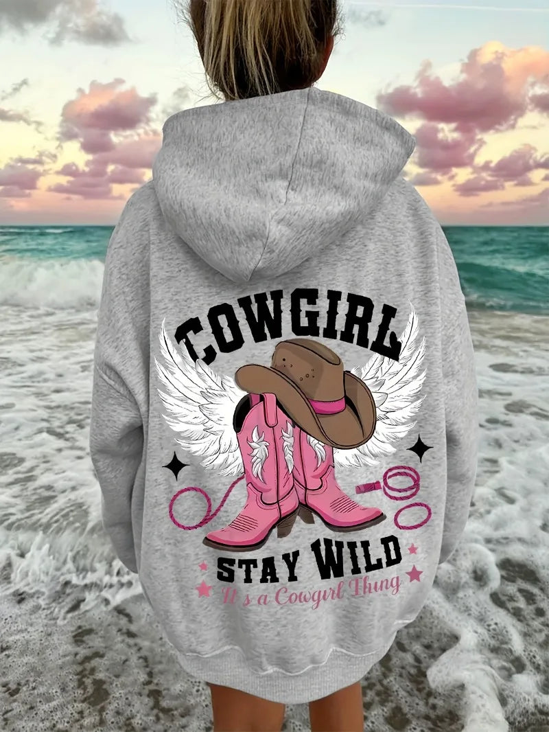 Western Chic Cowgirl Hoodie Long Sleeve Pullover Sweatshirt with Hood Embroidered Cowboy Hat and Boot Casual  Relaxed Fit
