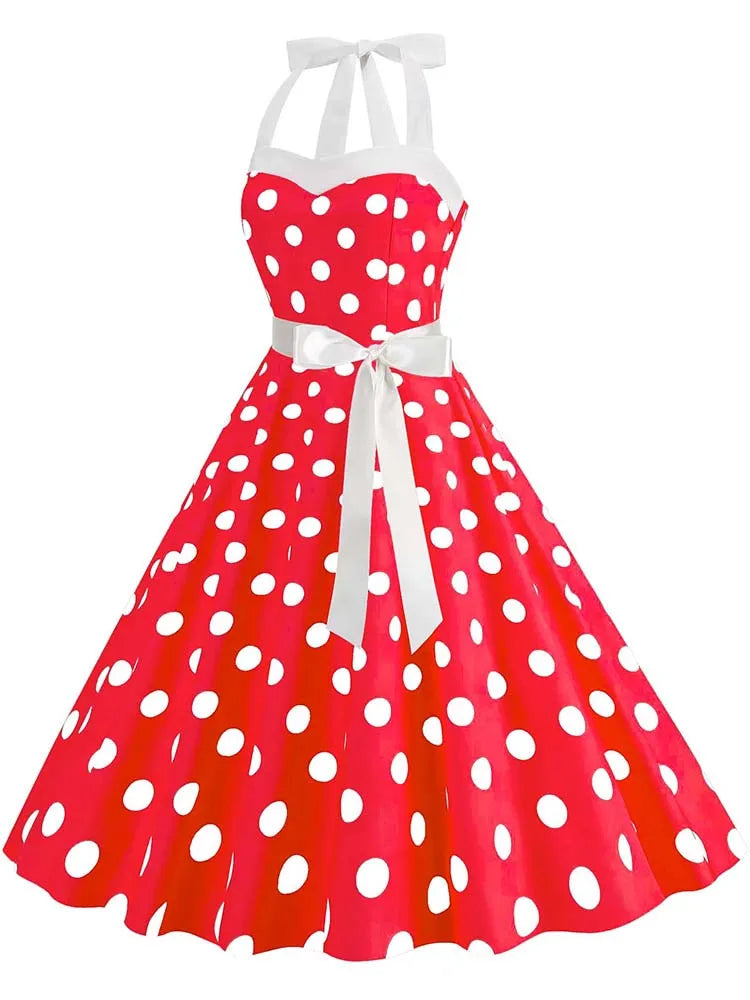 Women's Vintage Polka Dot Party Dress with Belt – 50s/60s Retro Charm