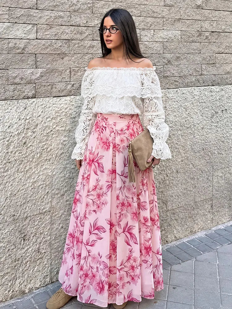 Sweet Pink Floral Print, Pleated Skirt (FREE SHIPPING)