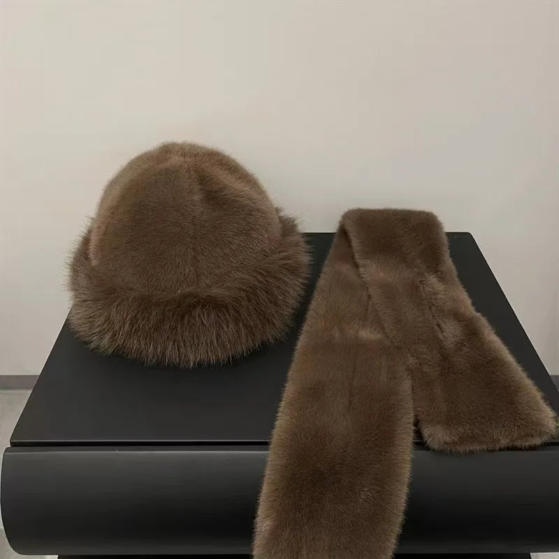 Faux Fur Bucket Hat & Scarf Set – Plush Winter Matching Set for Women