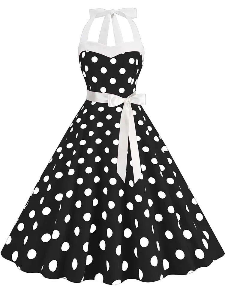 Women's Vintage Polka Dot Party Dress with Belt – 50s/60s Retro Charm