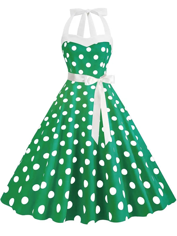 Women's Vintage Polka Dot Party Dress with Belt – 50s/60s Retro Charm