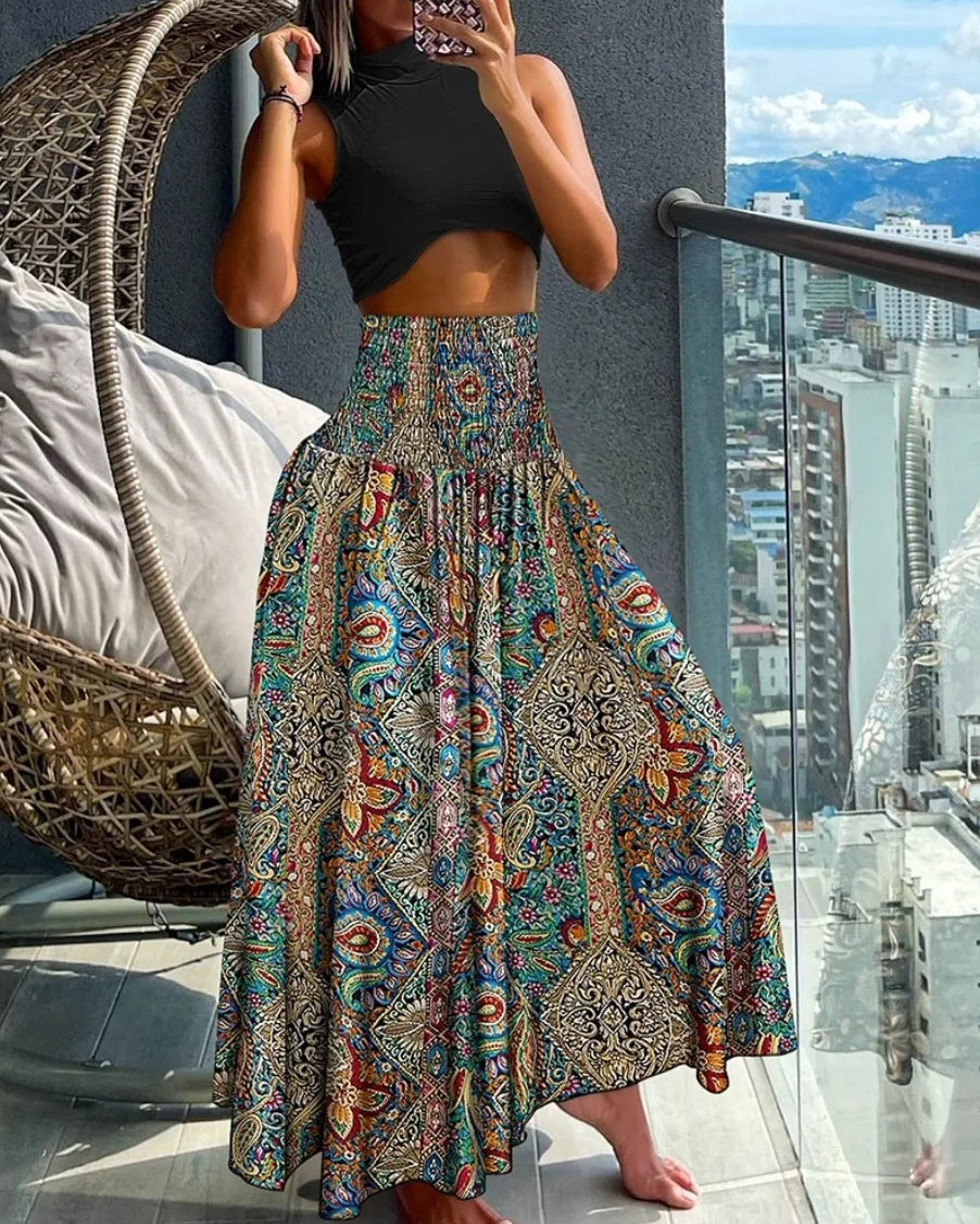 Women's High-Waist Boho Print Long Skirt (FREE SHIPPING)