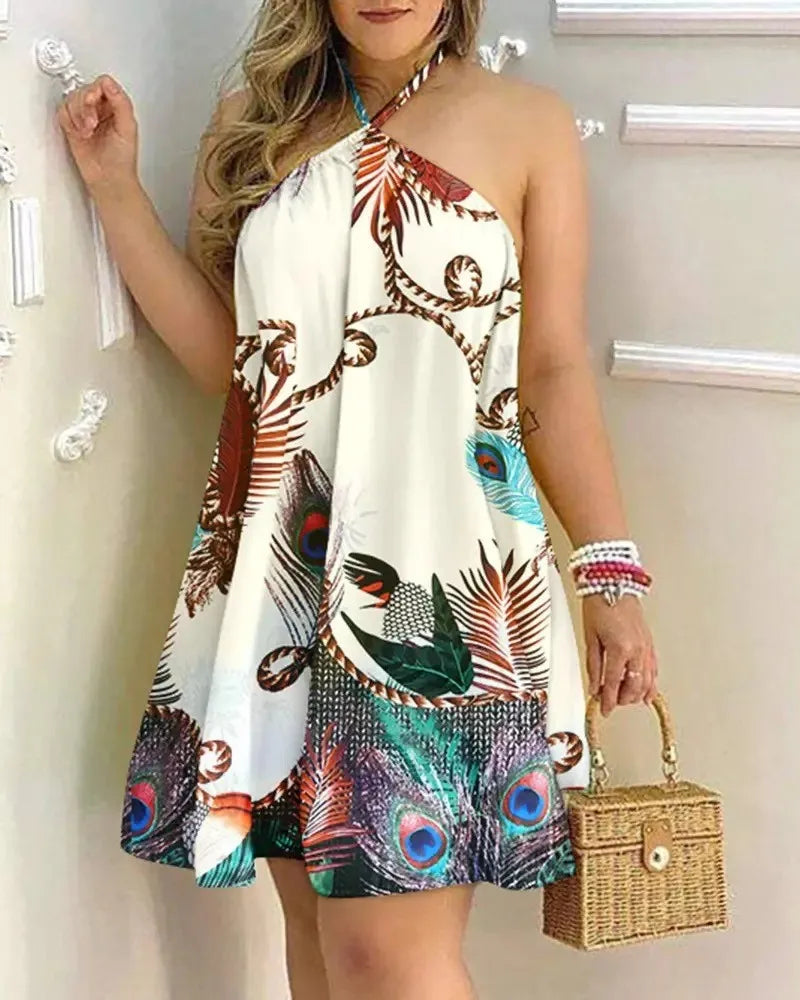 Women's 2026 Bohemian Printed Halter Strap A-line Dress, Suitable for Spring and Summer Beach Vacation Outfits.