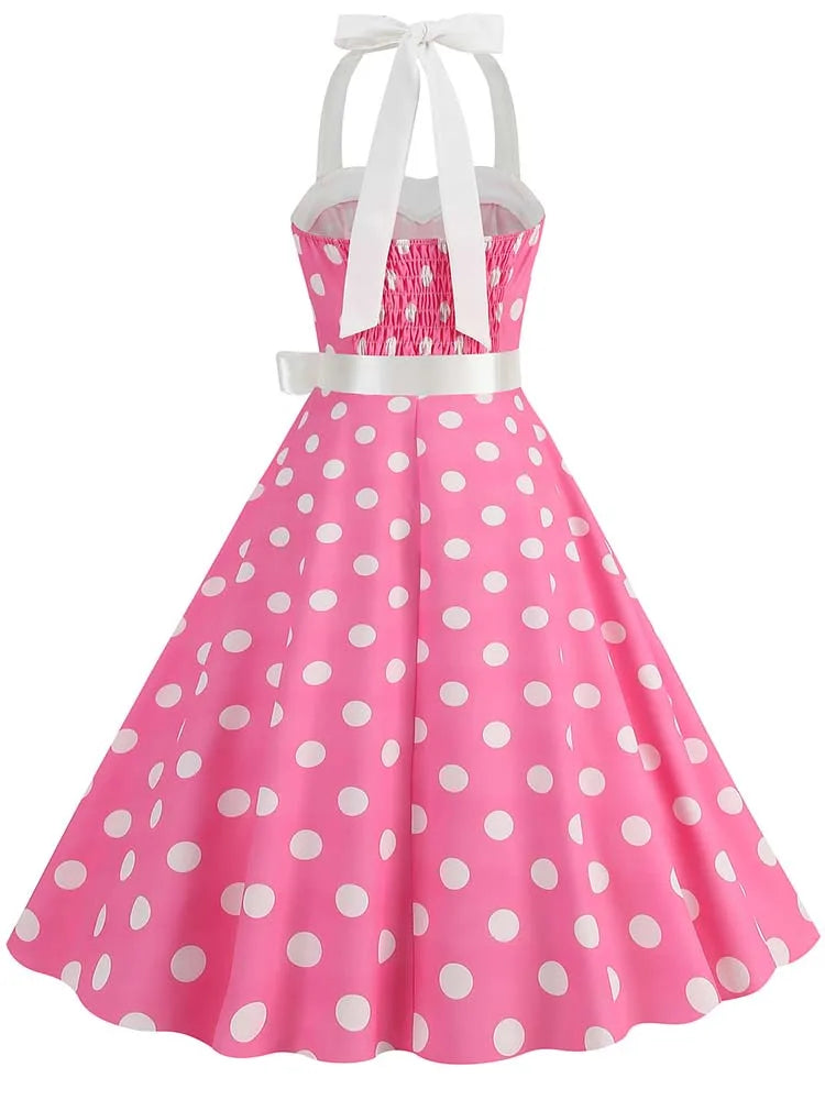 Women's Vintage Polka Dot Party Dress with Belt – 50s/60s Retro Charm