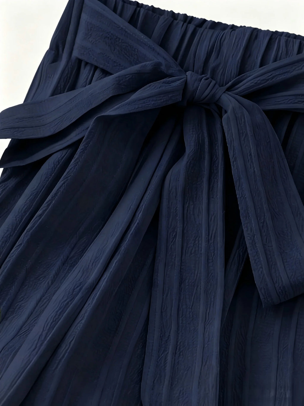 Navy Blue Women's Wide Leg Pants High Waist Bow Tie Elastic Waist Casual Trousers Summer 2026 New Arrival Textured Flowy Pants