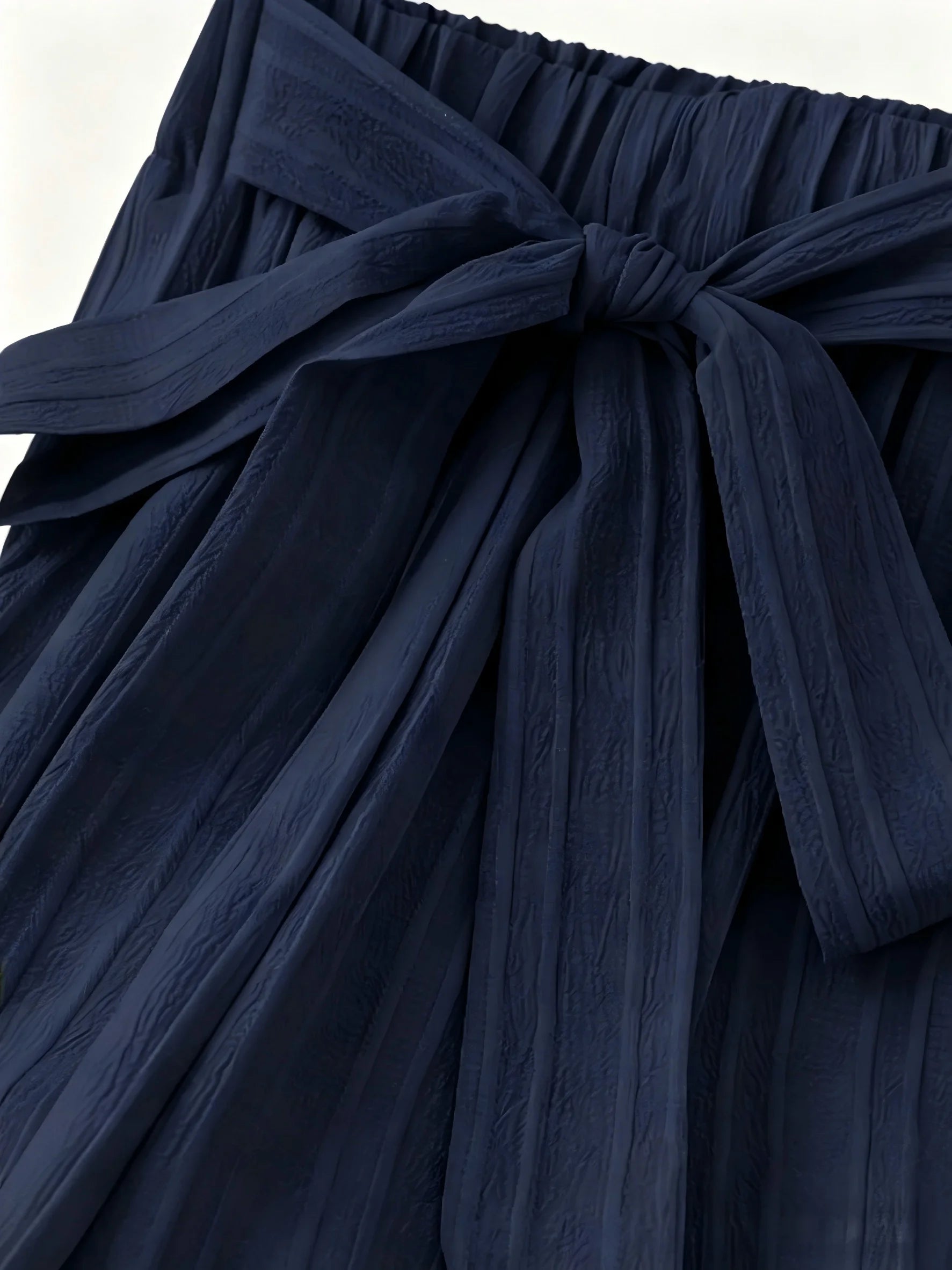 Navy Blue Women's Wide Leg Pants High Waist Bow Tie Elastic Waist Casual Trousers Summer 2026 New Arrival Textured Flowy Pants