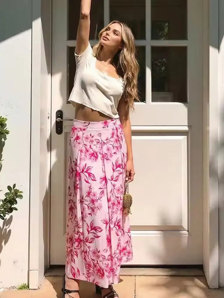 Sweet Pink Floral Print, Pleated Skirt (FREE SHIPPING)