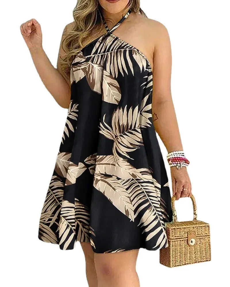 Women's 2026 Bohemian Printed Halter Strap A-line Dress, Suitable for Spring and Summer Beach Vacation Outfits.