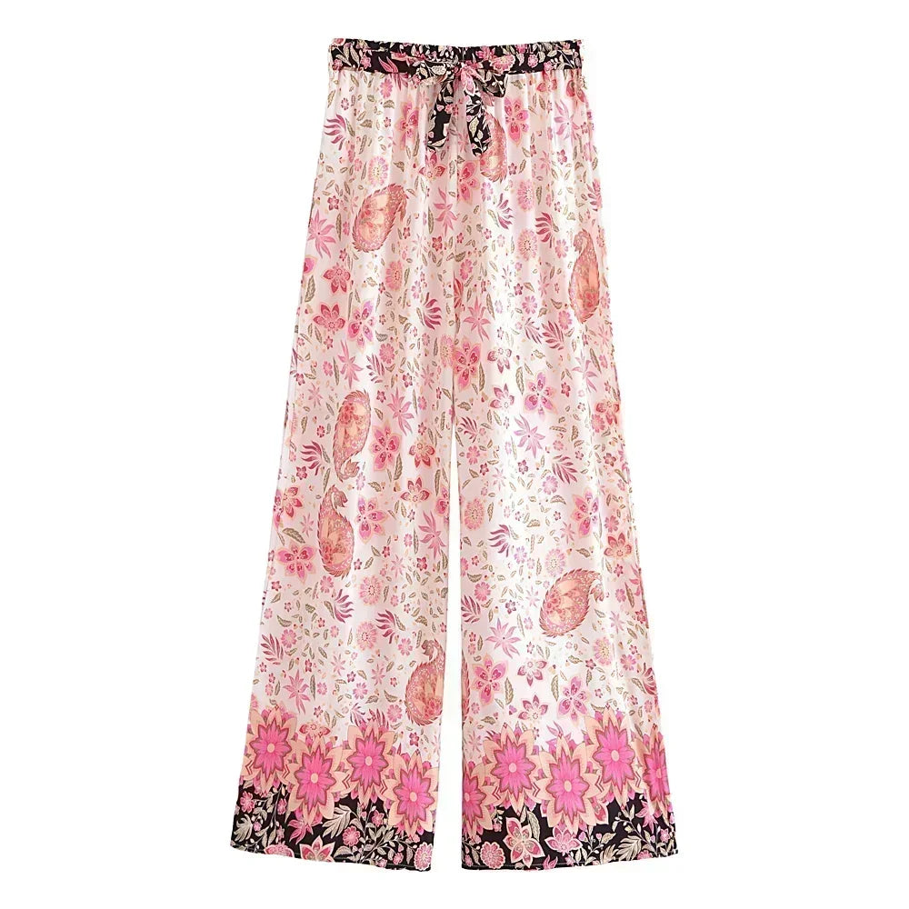 Women's Bohemian Wide-Leg Pants – Earthy Print, Free-Spirited & Flowy