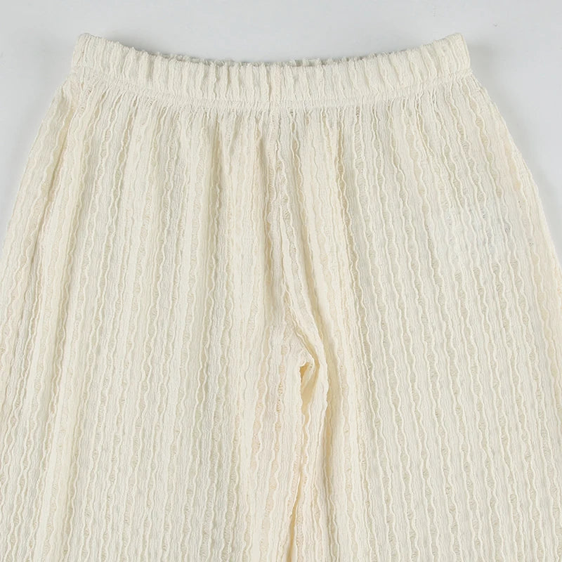 SUCHCUTE Holiday Fabric Texture Beach Knitted Pants Chic White Casual Pants  Y2k Aesthetic Summer Straight Trousers Beachwear
