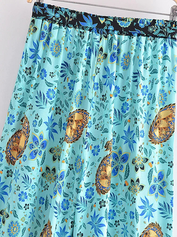 Boho Queens Women Green Floral Print Bohemian Wide Leg Pants Lady Elastic Waist Loose Rayon Boho Long Pants Oversize Trousers