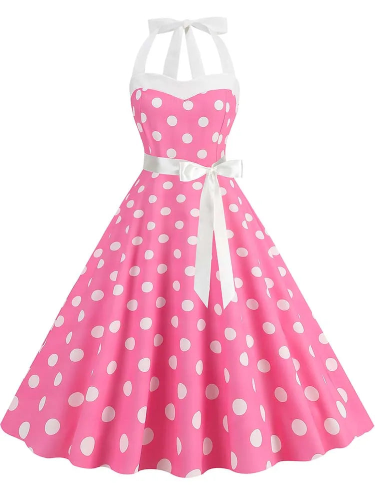 Women's Vintage Polka Dot Party Dress with Belt – 50s/60s Retro Charm