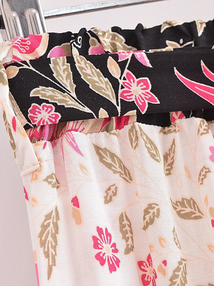 Boho Queens Women Green Floral Print Bohemian Wide Leg Pants Lady Elastic Waist Loose Rayon Boho Long Pants Oversize Trousers