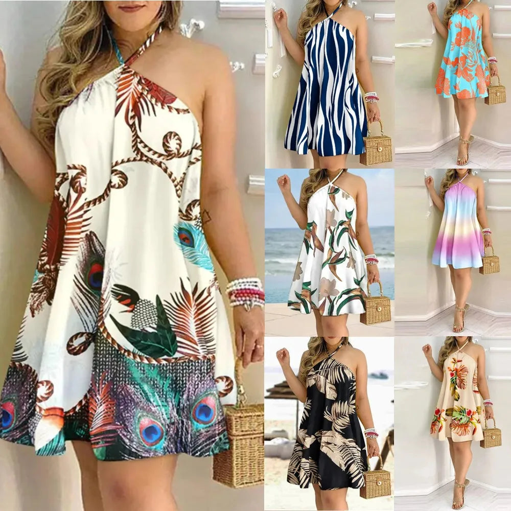 Women's 2026 Bohemian Printed Halter Strap A-line Dress, Suitable for Spring and Summer Beach Vacation Outfits.