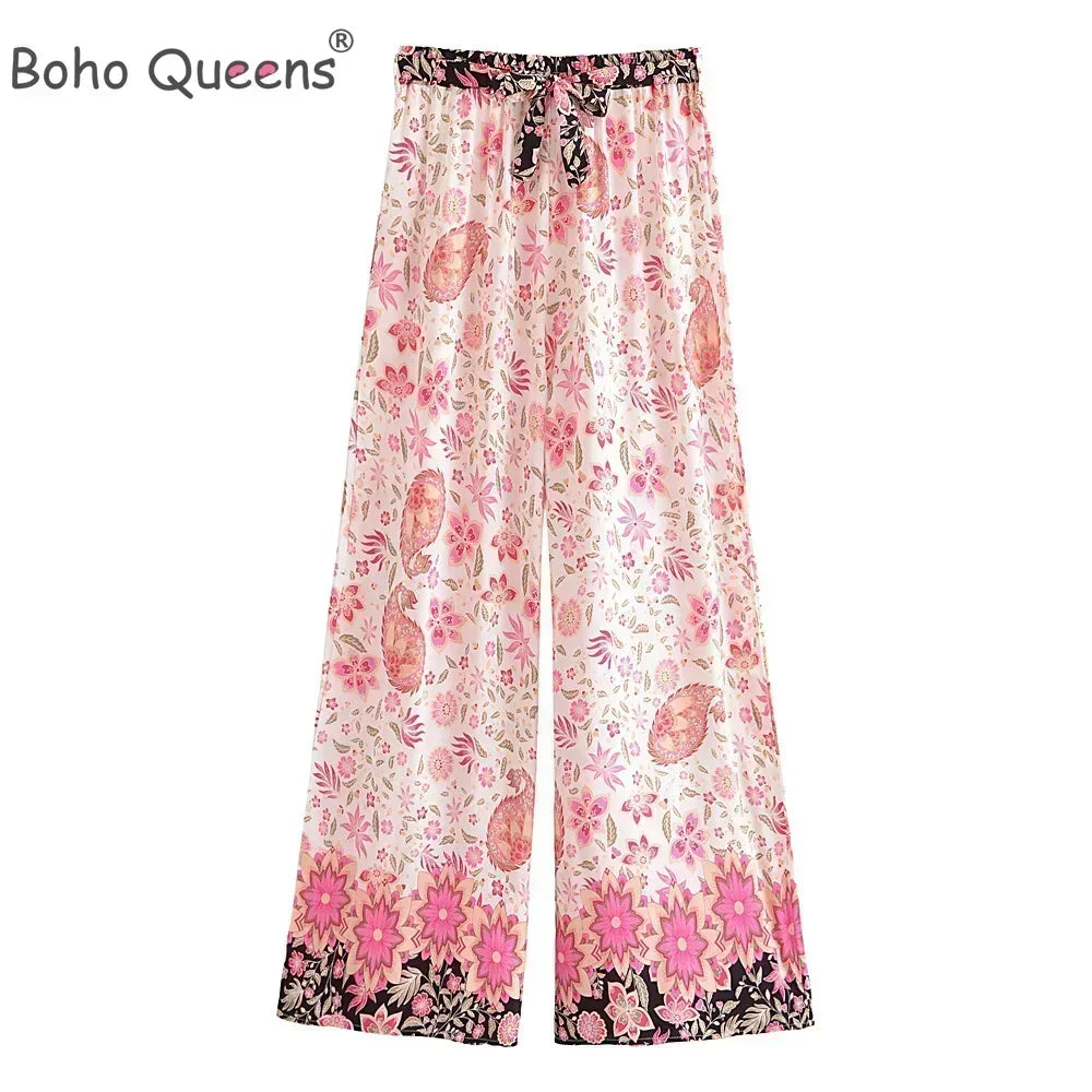 Boho Queens Women Green Floral Print Bohemian Wide Leg Pants Lady Elastic Waist Loose Rayon Boho Long Pants Oversize Trousers