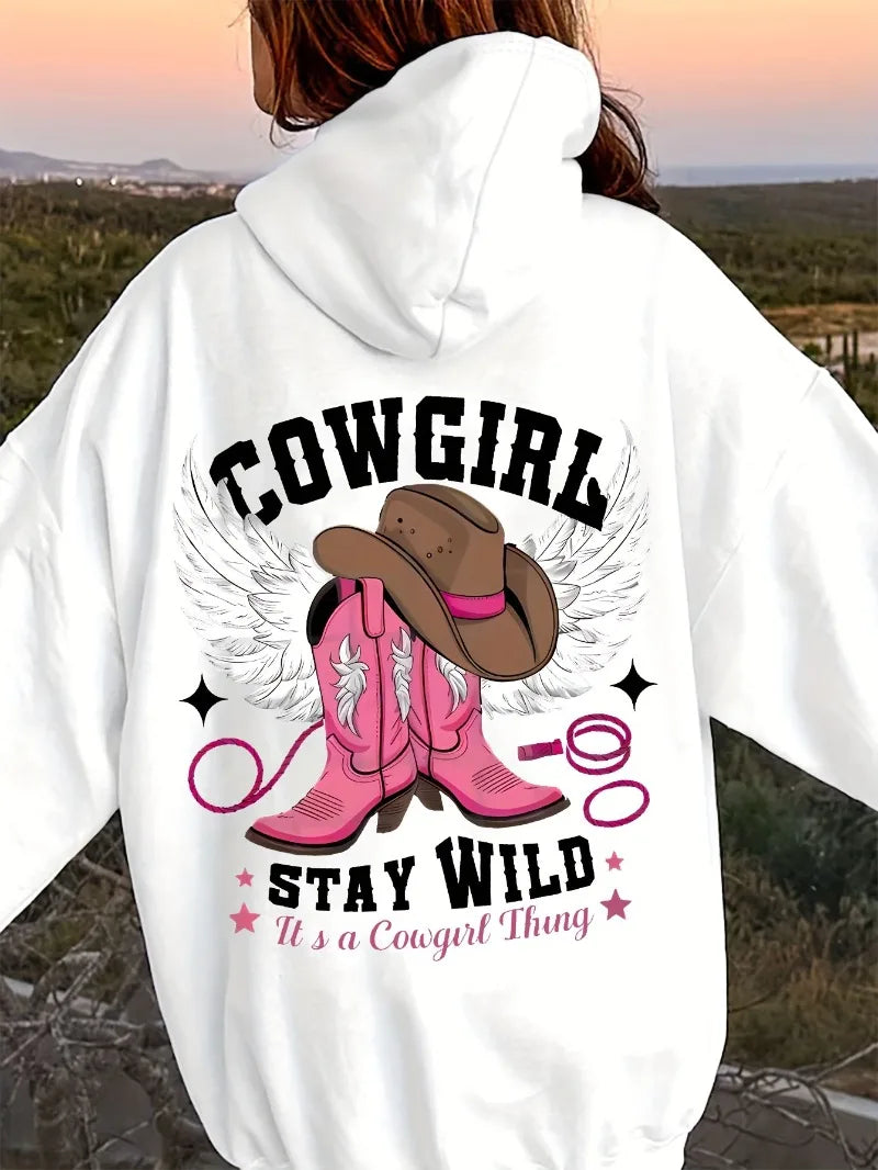 Western Chic Cowgirl Hoodie Long Sleeve Pullover Sweatshirt with Hood Embroidered Cowboy Hat and Boot Casual  Relaxed Fit
