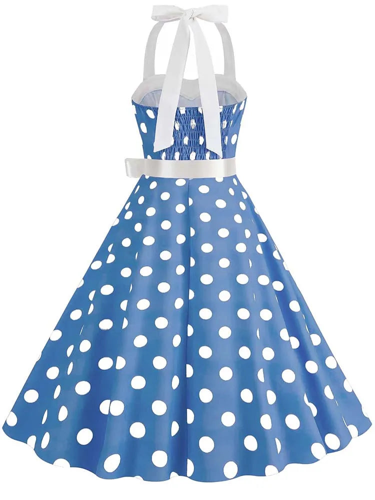 Women's Vintage Polka Dot Party Dress with Belt – 50s/60s Retro Charm