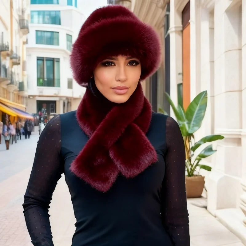 Faux Fur Bucket Hat & Scarf Set – Plush Winter Matching Set for Women