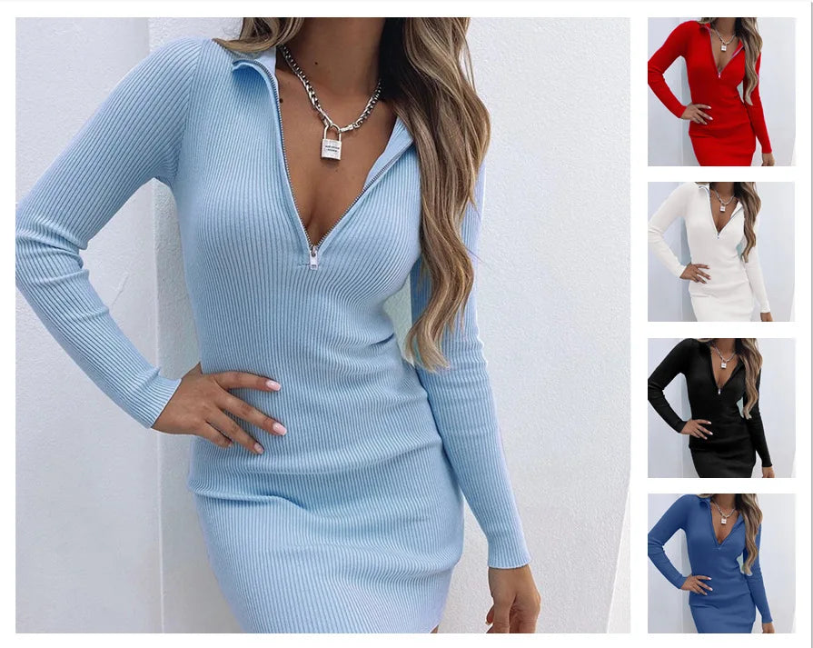 Autumn Europe and the United States cross-border fashion new style zipper high waist long sleeve base dress skirt