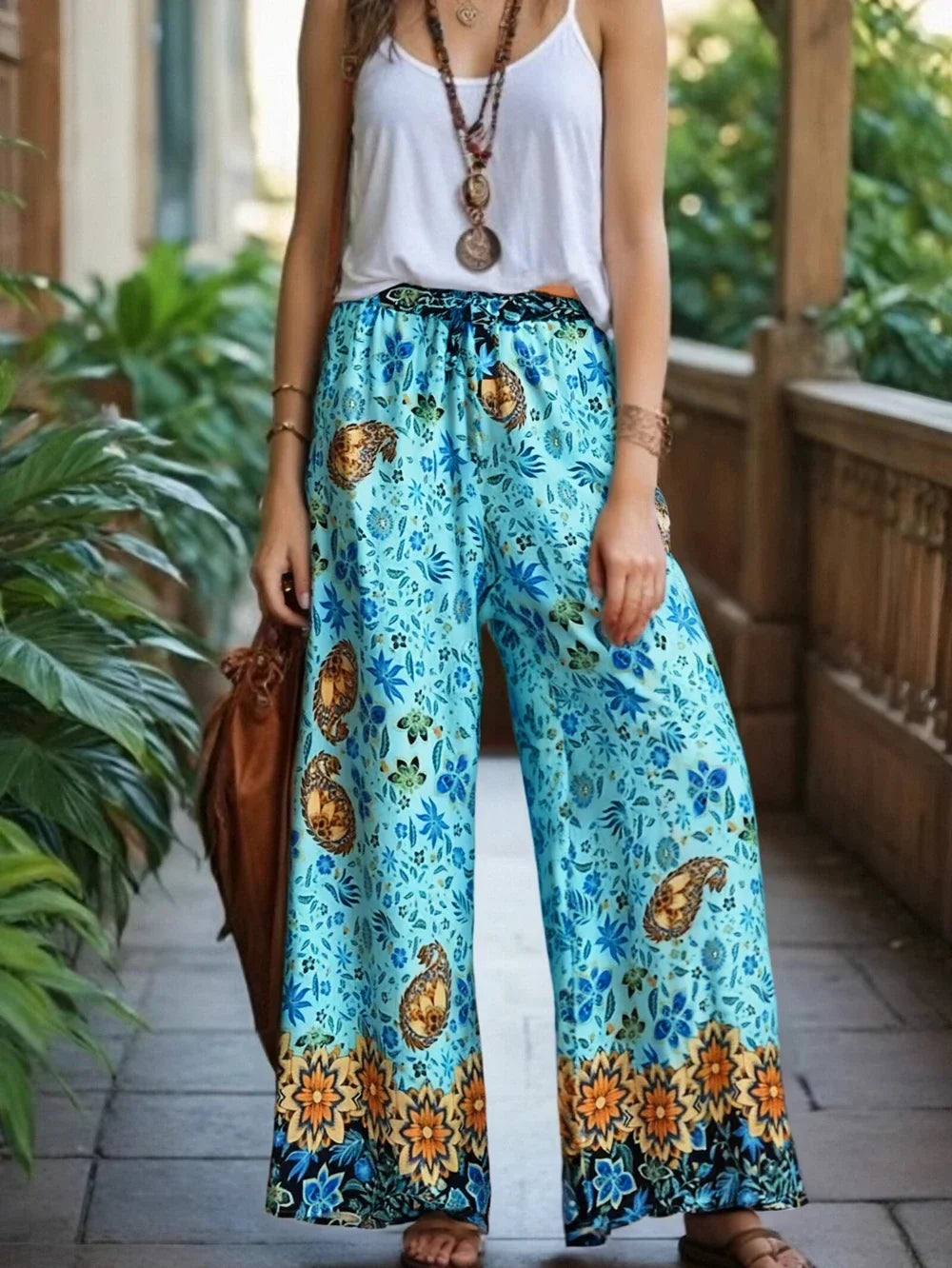 Boho Queens Women Green Floral Print Bohemian Wide Leg Pants Lady Elastic Waist Loose Rayon Boho Long Pants Oversize Trousers