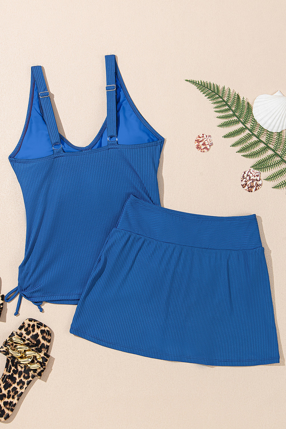 Solid Ribbed Knit Tankini & Skort Swim Set